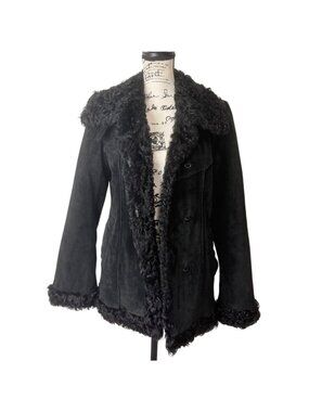Express Womens Size M Suede Jacket Black Lambs Fur Trim